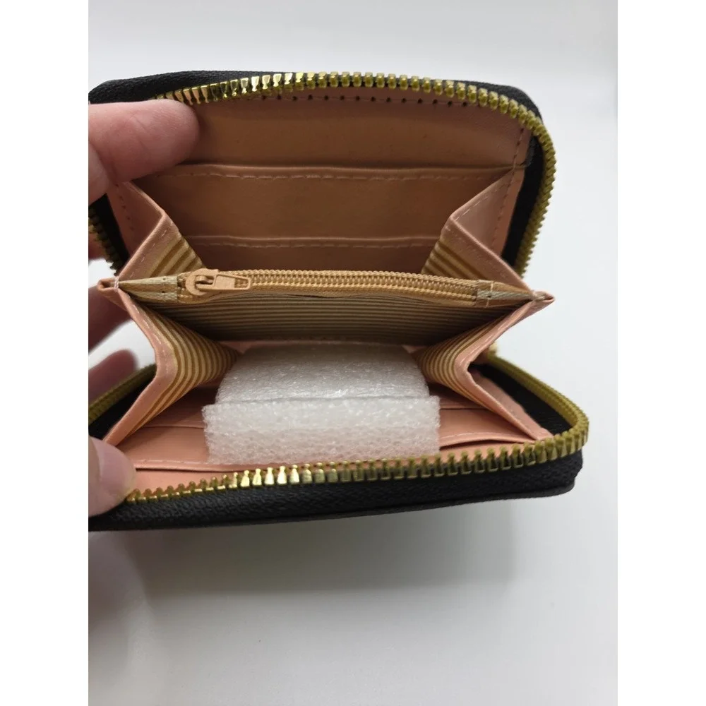 Black Faux Leather Wallet with Embroidered Hearts and Star Tassel Zipper Closure